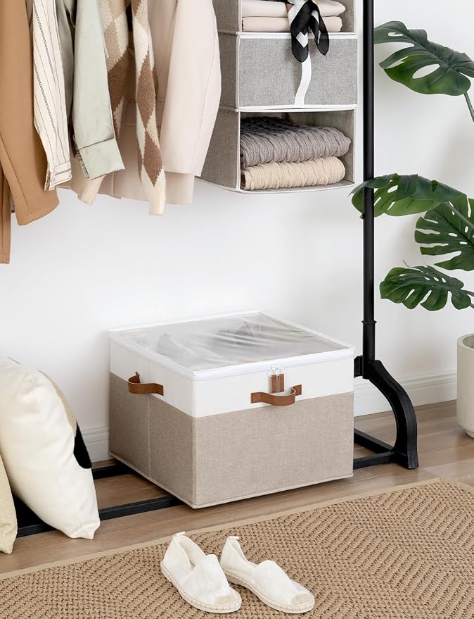 StorageWorks Shoe Organizer for Closet, Fits up to 16 Pairs, Shoe Cubby Storage Containers with Adjustable Dividers and Clear Cover, Brown & White - Image 2