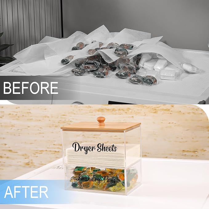 Acrylic Laundry Pods Contianer and Dryer Sheet Holder Set with Bamboo Lid, Dishwasher Pods Container, Laundry Pods Holder, Laundry Soap Organizer, Laundry Room Organization and Storage - Image 3