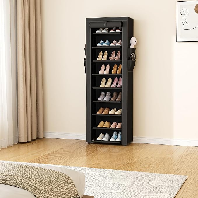 LANTEFUL Narrow Shoe Rack with Cover 10 Tier Tall Shoe Rack Organizer Large Capacity Shoe Shelf Storage 18-22 Pairs Space Saving Free Standing Shoe Storage Organizer for Closet, Entryway, Dorm, Black - Image 8