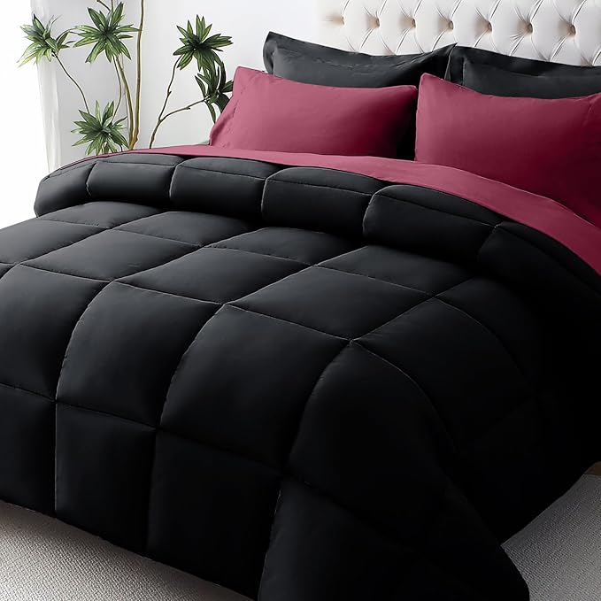 JOLLYVOGUE Queen Comforter Set, Ultra-Soft Bed in a Bag Queen Size 7 Pieces, Oeko-TEX Certified Bedding Set with Down Alternative Comforter, Sheets, Pillowcases & Shams, Burgundy & Black