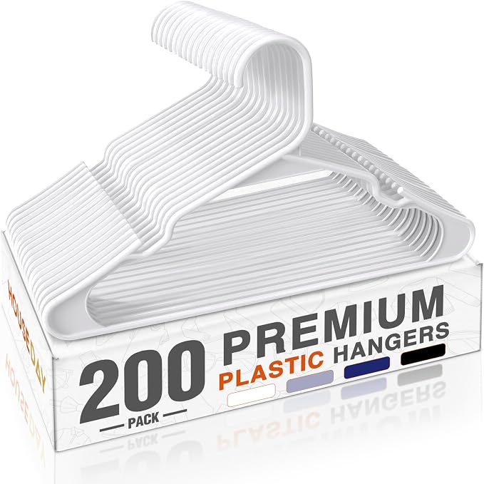 HOUSE DAY 200 Pack Plastic Clothes Hangers, Commercial Bulk Shipment for Business, Sturdy Durable Notched Hangers Ideal for Retail Dry Cleaners Warehouses, Save Cost & Warehouse Space - White by HOUSEDAY