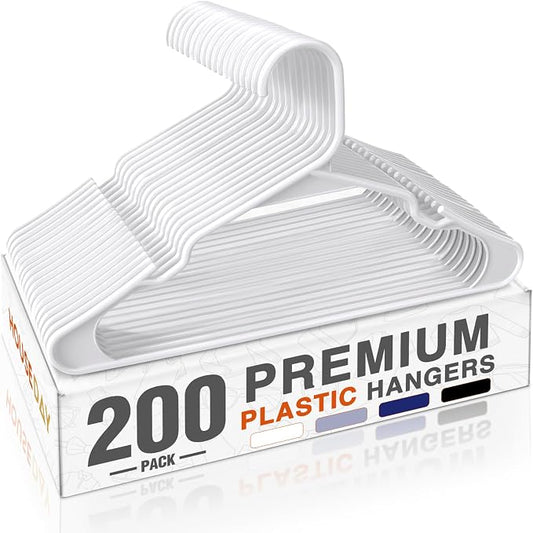 HOUSE DAY 200 Pack Plastic Clothes Hangers, Commercial Bulk Shipment for Business, Sturdy Durable Notched Hangers Ideal for Retail Dry Cleaners Warehouses, Save Cost & Warehouse Space - White by HOUSEDAY
