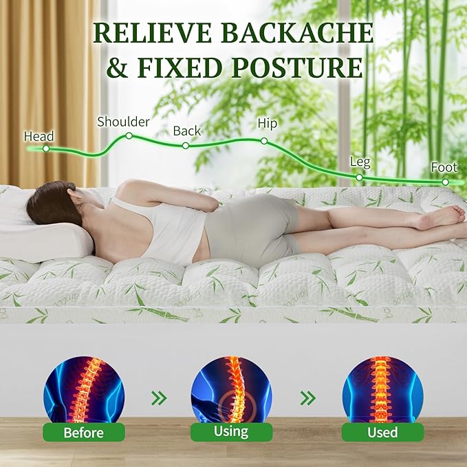 Mattress Pad Queen Size - 3D+7D Down Alternative Fill, Viscose Made from Bamboo Cover, Extra Firm for Back Pain, 6"-18" Deep Pocket (60"x80")