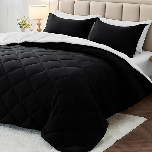 MUXHOMO 5 Pieces Twin XL Comforter Set, Reversible Bed in a Bag Twin XL Size, All Season Bedding Set with Comforter, Flat Sheet, Fitted Sheet, Pillowcases & Shams, Black & White