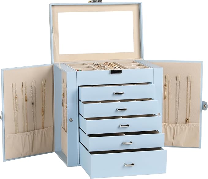 Frebeauty Large Jewelry Box,6-Tier PU Leather Jewelry Organizer,Multi-functional Storage Case with Mirror,Accessories Holder with 5 Drawers for Necklace Bracelets Watches(Sky Blue) by Frebeauty