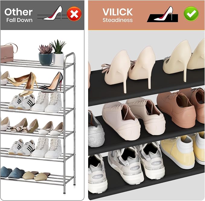 VILICK Shoe Rack for Closet Shoe Organizer Space Saver Storage for 12-15 Pair Shoe Shelf with Hook Free Standing 3 Tier Shoe Rack Organizer for Entryway, Small Spaces, Black - Image 6