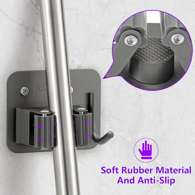 Broom Holder Wall Mount Screw Drilling, Sturdy Heavy Duty Stainless Steel Mop Gripper Rack Perforated, Perfect for Laundry Room Organizer, Fit with Laundry Kitchen Garage Garden Storage System - Image 3