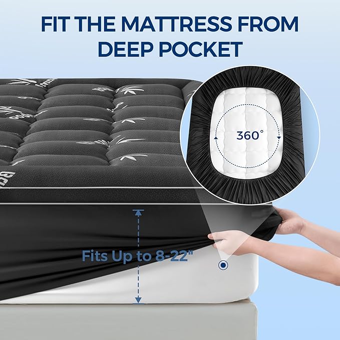 Mattress Topper Queen Size, Cooling Extra Thick Breathable Viscose Made from Bamboo Mattress pad, Soft Quilted Fitted Mattress Cover with 1000 GSM Down Alternative Fill (8-21”Deep Pocket) Dark Gray