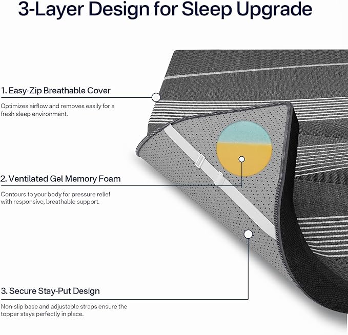 4 Inch Gel Memory Foam Mattress Topper Full, High Density Ventilated Bed Topper for Back Pain Relief, Breathable Cover with Non-Slip Straps, CertiPUR-US