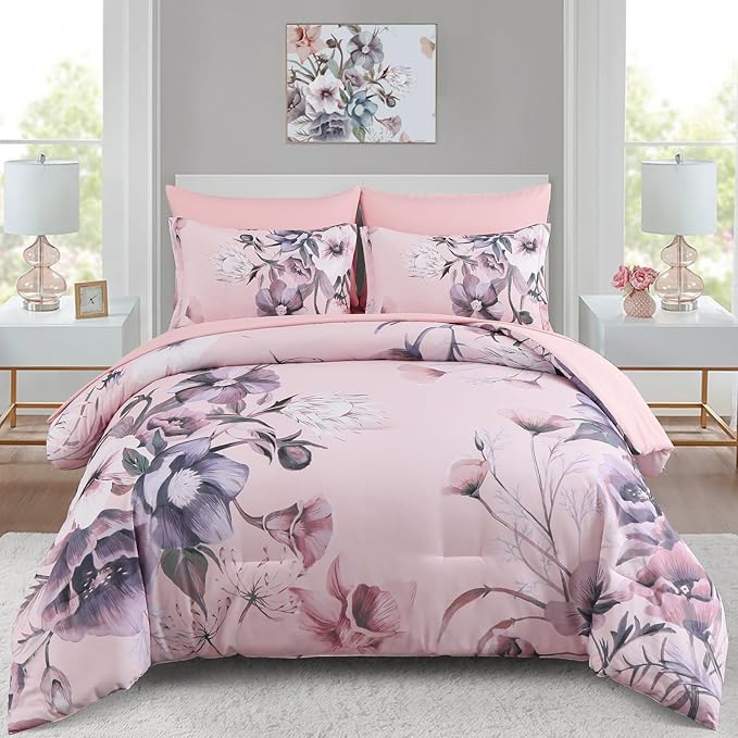 Luxudecor Floral Comforter Set Queen Size 7 Piece, Blush Pink Flower Bed in a Bag, Elegant Comforter Bedding Set for All Season (Blush Pink, 90"x90")