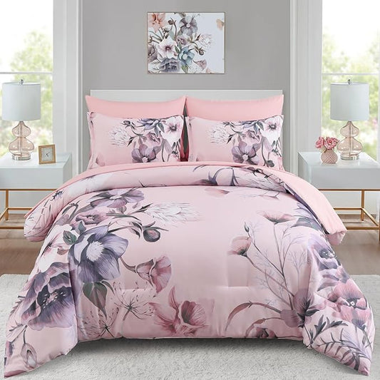 Luxudecor Floral Comforter Set King Size 7 Piece, Blush Pink Flower Bed in a Bag, Elegant Comforter Bedding Set for All Season (Blush Pink, 104"x90")