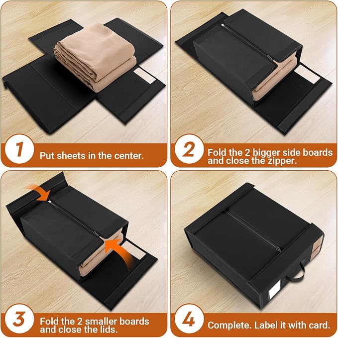 StorageTastic 6 Pack Bed Sheet Closet Organizers and Storage,Sturdy Foldable Storage Containers with Window and Label,Storage and Organization for Bedding Sheets,Duvet Covers,Blankets (Black) - Image 4