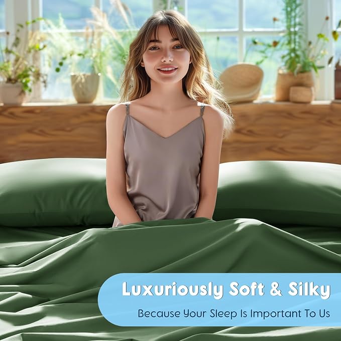 SONORO KATE 100% Egyptian Cotton Sheets Set - 1000 High Thread Count, Luxury 5-Star Hotel Sateen Bed Sheets, Soft, Breathable Long Staple Sheets, Fit up to 16" - 4 PC (Olive Green,King)