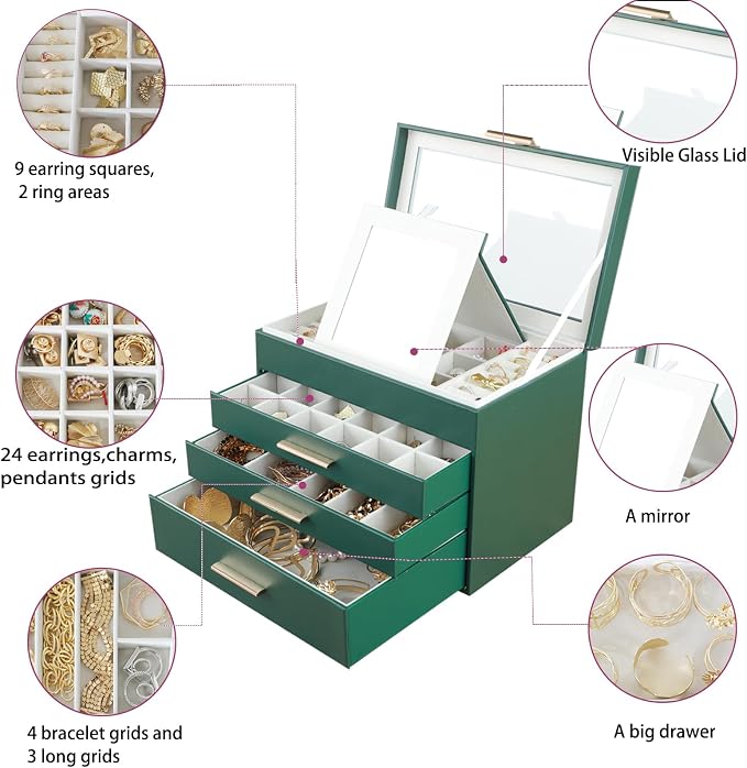 BOOVO Jewelry Boxes for Women, White and Black 6 Layer Large Jewelry Box for Necklace, Bracelet, Earrings, Rings Storage, Jewelry holder Organizer for Girls Gift (Dark Green, 4 layer) - Image 5
