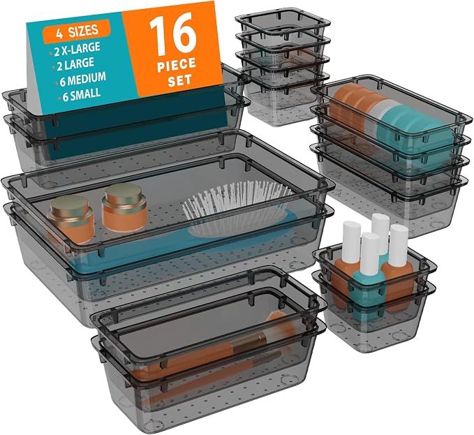 WOWBOX 16 PCS Clear Plastic Drawer Organizer Set, 4 Sizes Desk Drawer Organization and Storage Containers for Makeup, Cosmetics, Jewelry and Gadgets in Kitchen, Bathroom, Bedroom, Office, Clear Black by WOWBOX