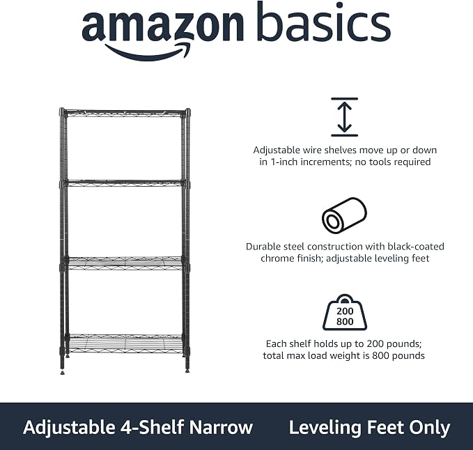 Amazon Basics 4-Shelf Steel Wire Storage Shelves for Garage, Adjustable Metal Shelving Unit, 200 lbs Per Shelf, 23.2" W x 48" H x 13.4" D, Black | Sturdy, Adjustable, Easy Assembly, Storage - Image 4
