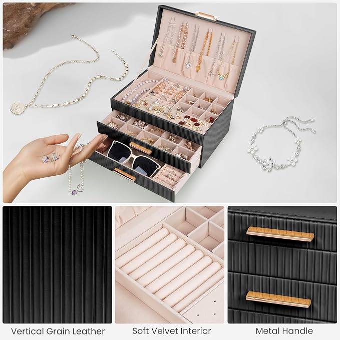 Dajasan Jewelry Box Organizer, 3-Tier Jewelry Storage with 2 Drawers, Large Jewelry Boxes for Women, PU Leather Surface with Texture, Gift Idea, Modern Style, 10.71 x 7 x 5.6 Inches (Black) - Image 4