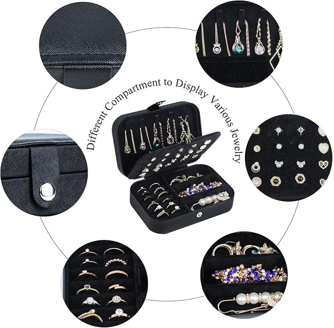 Hatori Travel Jewelry Box, PU Leather Small Jewelry Organizer for Women Girls, Portable Mini Travel Case Display Storage Holder Boxes for Stud Earrings, Rings, Necklaces, Bracelets (Black02) - Image 3