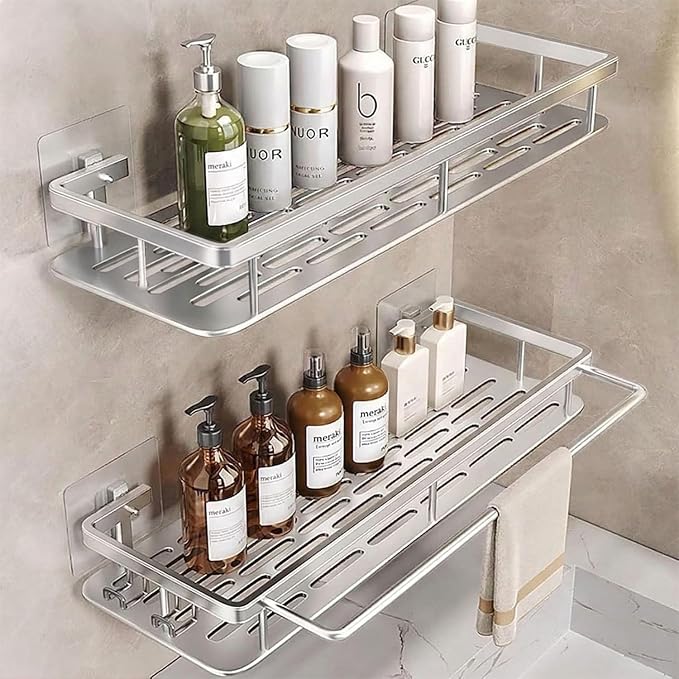 EVALAND Shower Caddy Adhesive 2-Pack with Hooks and Rod for Towels, Silver – Premium Bathroom Shower Shelves, Shampoo Organizer, Bathtub Shelf, Rustproof, Easy Installation, Sturdy Modern Look by EVALAND