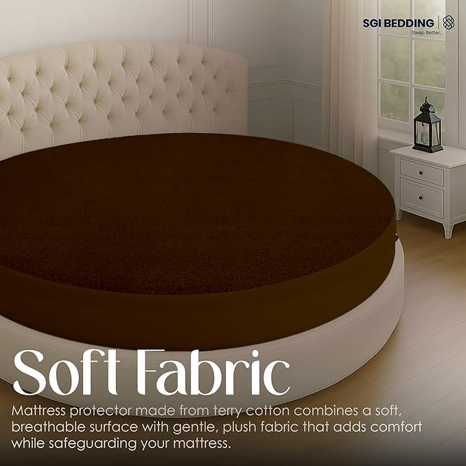 SGI bedding Waterproof Round Mattress Protector 96" Diameter– 15" Deep Pocket Fitted Style Terry Cotton Mattress Pad Cover, Soft, Breathable & Noiseless, Spills & Stains Bed Protection – Chocolate