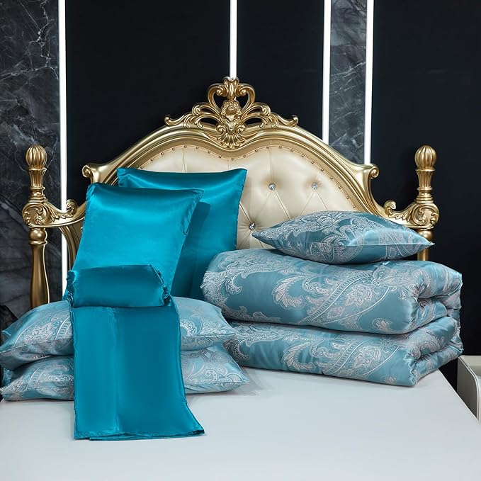 Jacquard Queen Comforter Set Peacock Green Sheet Set Satin Bedding Set 8 Pcs Embroidery Neoclassical Floral Bed Home Decor Soft Down Comforter Luxury Hotel Silky Bed in a Bag with 1 Cushion Cover