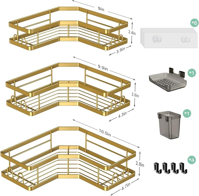 Corner Shower Caddy Bathroom Organizer: Adhesive Shower Rack Bathtub Shelves - 3Pack No Drilling Shower Shelf - Stainless Steel Organizer - Image 6