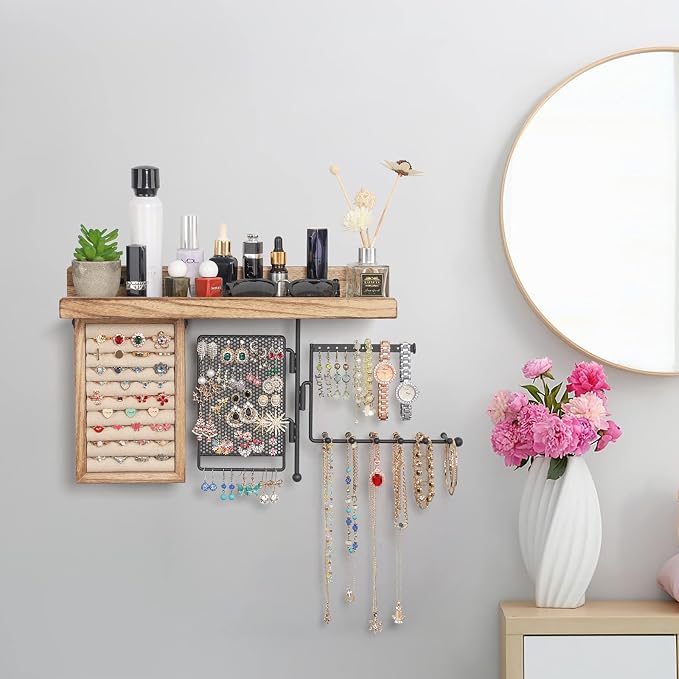 SOLIMINTR Hanging Jewelry Organizer Wall Mount with Rustic Wood Shelf, Ring Display Box, Ear Studs Earring Holder, Rotating Necklace Holder Organizer - Image 9