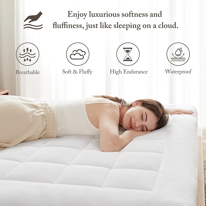 Madison Park Waterproof Mattress Protector, Cloud Soft Plush Mattress Cover, Overfilled Mattress Pad, Fitted Pocket Fits Up to 18 Inch, Machine Washable Bed Cover, White Full