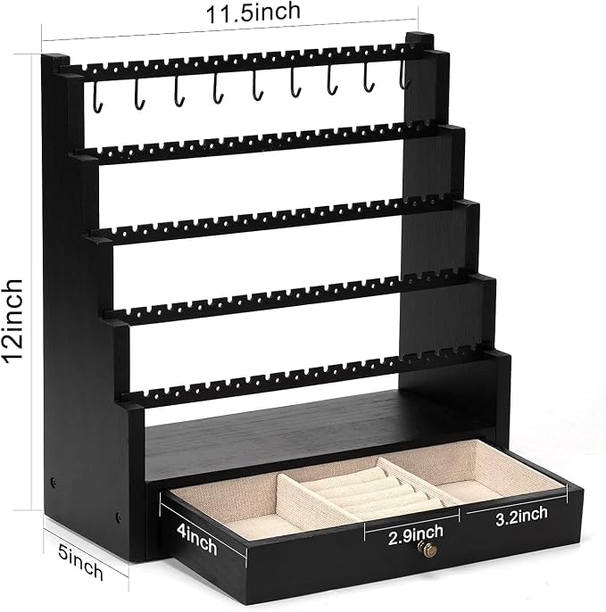 Pinzoveco Earring Organizer, 5 Layer Earring Holder Organizer with Metal Necklace Holder Pole, Rustic Wood Jewelry Organizer Stand Display for Stud Earring Bracelet Necklace Ring, 175 Earring Holes - Image 6