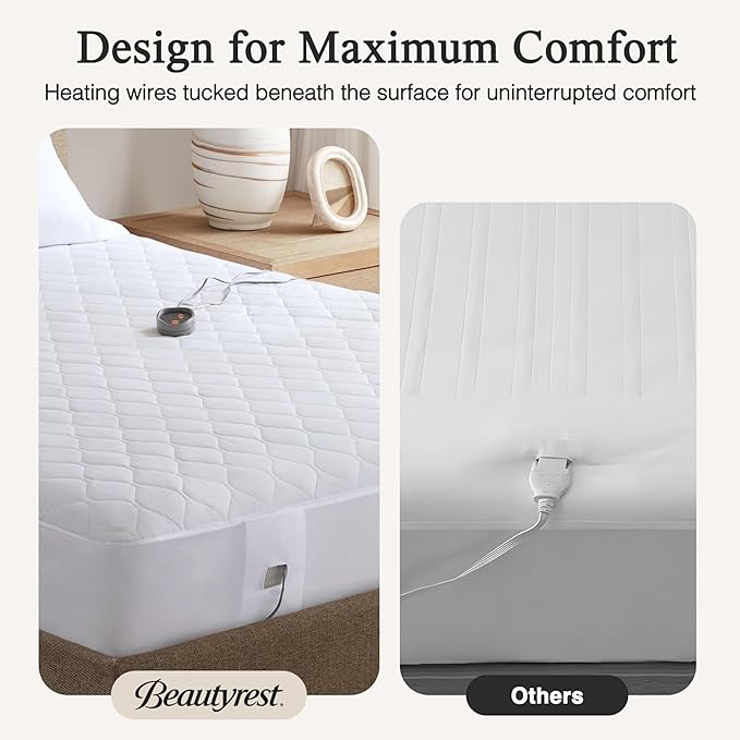Beautyrest Cotton Blend Heated Mattress Pad Secure Comfort Technology - Luxury Quilted Electric Mattress Pad with Deep Pocket - 5-Setting Heat Controllers, Queen, White