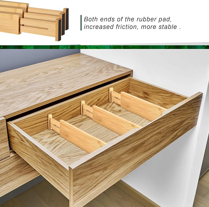 4 Pack Bamboo Kitchen Drawer Dividers with Inserts 2.6" High, Adjustable from 12.5 Inch to 21.7 Inch Drawer Organizers, Expandable Drawer Separators for Clothes, Bedroom, Dresser, Office (Beige) - Image 7
