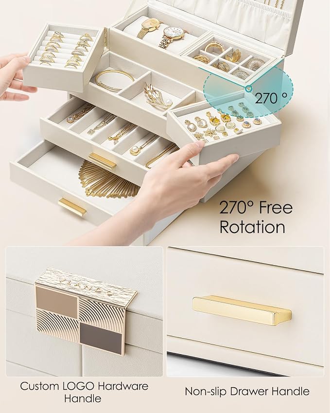 VLANDO 4 Layers Jewelry Box - Women Jewelry Box with Retractable Tray - Jewelry Organizer with Drawer for Necklaces, Rings, Bracelets, Earrings, Valentines Gift for Mom Girls - Cloud White - Image 4