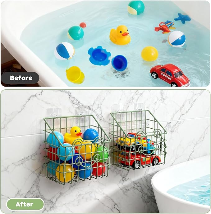 Greentainer 2 Pack Bath Toy Storage Organizer, Large Rustproof Metal Wire Basket, Wall Mounted Hanging Bathtub Holder, Bathroom Shower Caddy for Tub Toys & Toiletries - Image 3