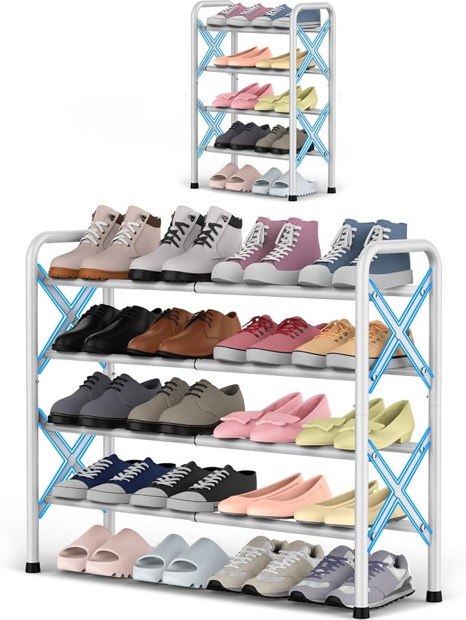 YEASHEIN 4-Tier Expandable Shoe Rack for Closet Floor, X-Frame Metal Small Shoe Rack for Entryway, Adjustable Shoe Shelf Organizer, Free Standing Shoe Racks for Front Door Entrance, Garage - White by YEASHEIN