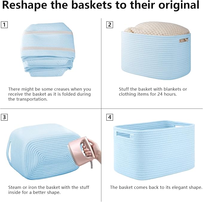 OIAHOMY 4 Pack Storage Baskets for Organizing, Cube Storage Bins for Shelves, Rectangle Storage Baskets With Handles, Woven Baskets for Storage, 12.7''Lx9''Wx7.8''H, Light Blue - Image 7