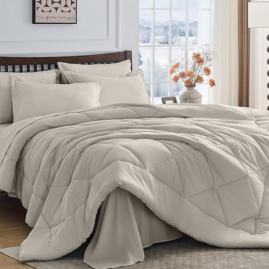 HEVUMYI Oatmeal Full Comforter Set - 7-Piece All Season Bed in a Bag Full, Ultra Soft Bedding Set with Comforter, Flat Sheet, Fitted Sheet, Pillowcases, Pillow Shams