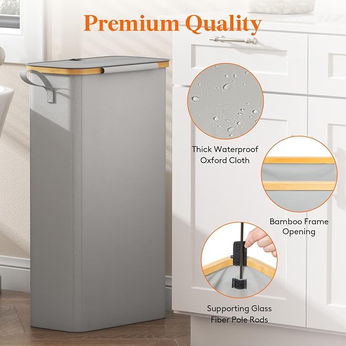 Lifewit 65L Slim Laundry Hamper with Lid, Narrow Laundry Basket with Removable Bag & Bamboo Handles, Fodable Thin Dirty Clothes Hamper for Laundry Collapsible Bin for Bathroom Bedroom Dorm,Silver Grey - Image 7