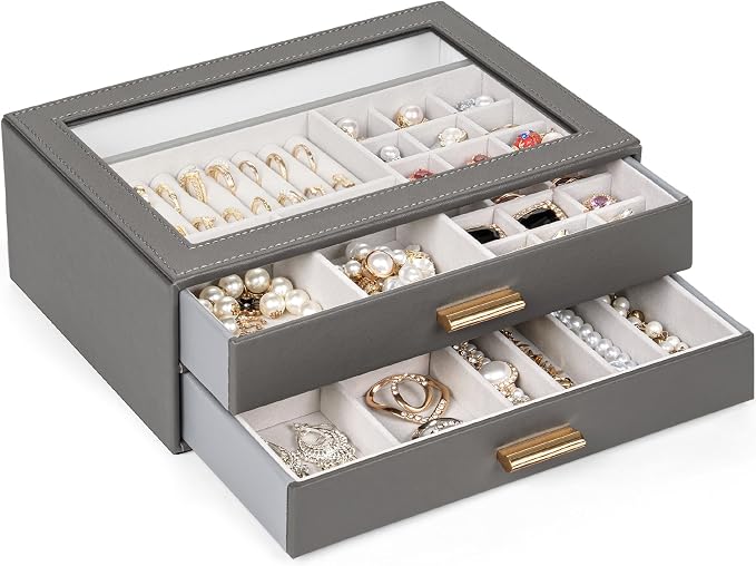 AKOZLIN Jewelry Box with Clear Lid Functional Leather Jewelry Storage Organizer Case 2 Drawers for Women Girls Necklace Ring Bracelet Earring - Image 8