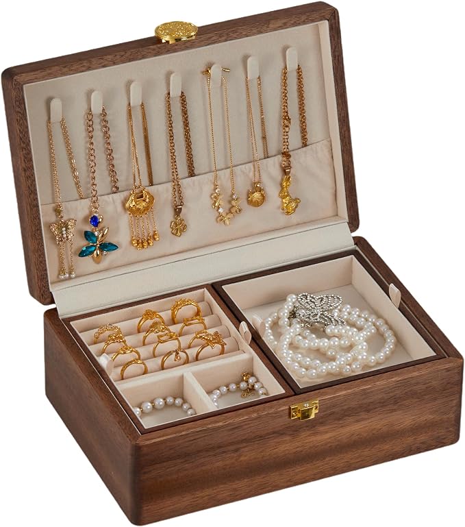 Wooden Jewelry Box For Women Jewelry Organizer Box With Lock 2 Layer Jewelry Holder Organizer For Necklace Ring Earring by KAOTGOT