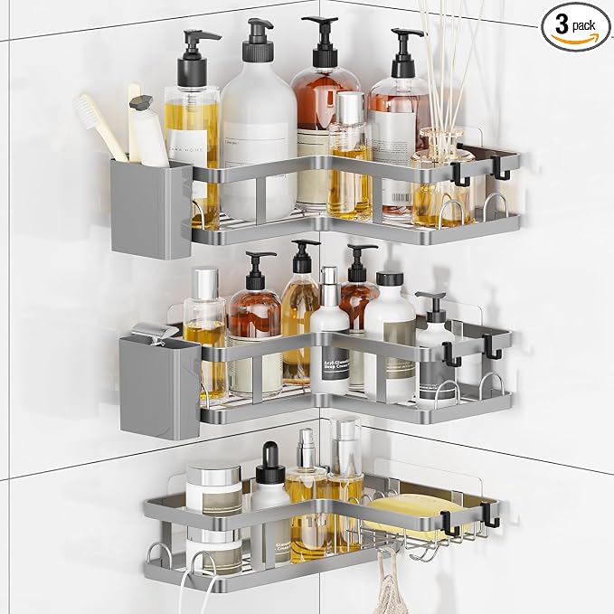 3 Pack Corner Shower Caddy Organizer, Rustproof Corner Shower Shelves, No Drilling Bathroom Corner Shelf with Hooks and Toothpaste Holder by PUPILLEMONJEWELRY