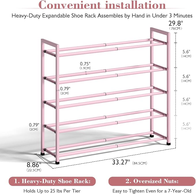 Bumusty 5-Tier Expandable Shoe Rack for Closet, 18“-33” Adjustable Shoe Rack for Small Space, Small Shoe Organizer for Front Door, Sturdy Metal (Pink) - Image 3