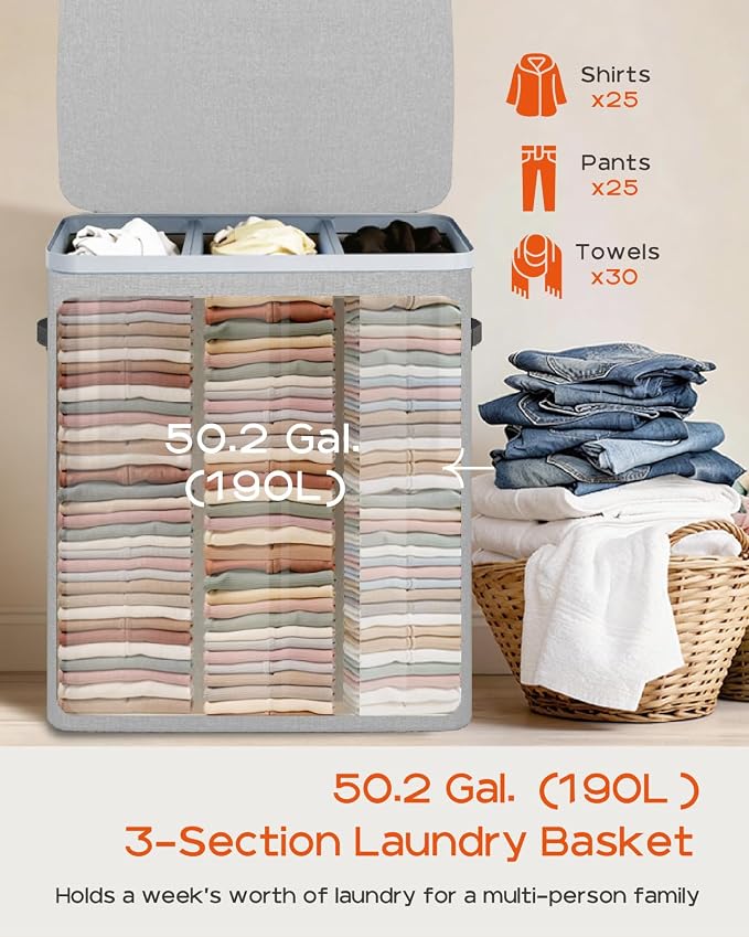 CASAMAYA Laundry Basket with Lid, Laundry Hamper 3 Section, 190L collapsible Laundry Organizer, Easy Assembly, with Handles and Removable Liners, 25.2 x 15.7 x 29.5 Inches, Gray JSP904G - Image 3