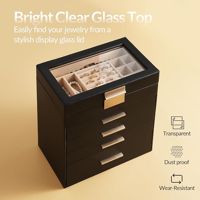 Somduy Jewelry Box, 5 Layers Jewelry Storage Display Box with Glass Lid for Women, 4 Drawers,Large Capacity for Necklace Earrings Bracelets Rings, Black - Image 3