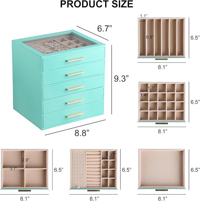 Frebeauty Clear Lid Jewelry Box,5-Layer Jewelry Organizer with Drawer,PU Leather Jewelry Organizers and Storage,Jewelry Boxes for Women,Jewelry Storage for Rings Earring Stud,Gift for Women(Turquoise) - Image 3