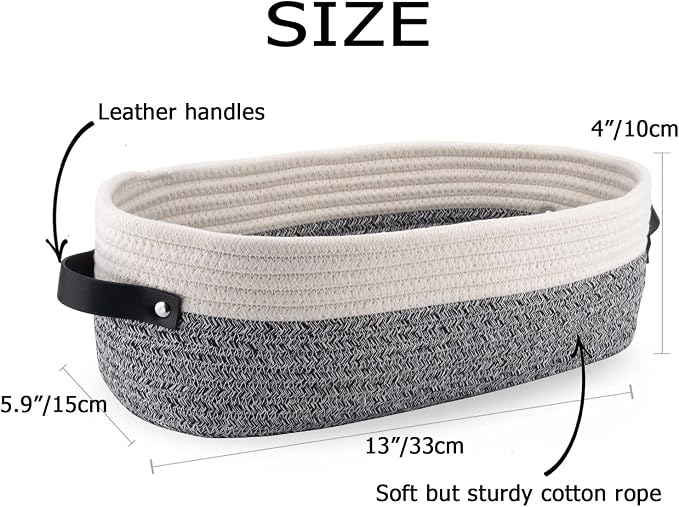 Small Cotton Rope Woven Basket Toilet Paper Baskets for Organizing Decorative Basket for Boho Decor Small Storage Basket 13"x5.9"x4" Variegated Gray&White - Image 3