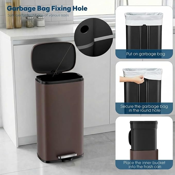 8 Gal Kitchen Trash Can, 30L Recycling or Garbage Bin, Brushed Stainless Steel Waste Basket, Soft&Quiet Close Dustbin, with Step-On Pedal, Removable Inner Bucket, for Home, Office, Living Room - Image 6
