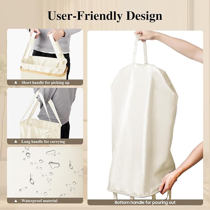 Foluck Slim Laundry Hamper, 60L Waterproof Narrow Laundry Basket with Lid and Removable Bag, Collapsible Tall Clothes Hamper with Bamboo Handles for Clothes Toys in Dorm Bedroom Bathroom, Beige - Image 5