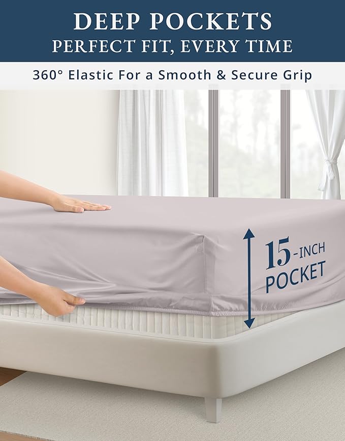 LANE LINEN 100% Egyptian Cotton Bed Sheets Queen Size, Long Staple Soft & Comfy Sateen Weave No Pill Fade Resistant Queen Size Bedding Set, Machine wash 15'' Deep Pocket Queen Sheets - Gray Lilac