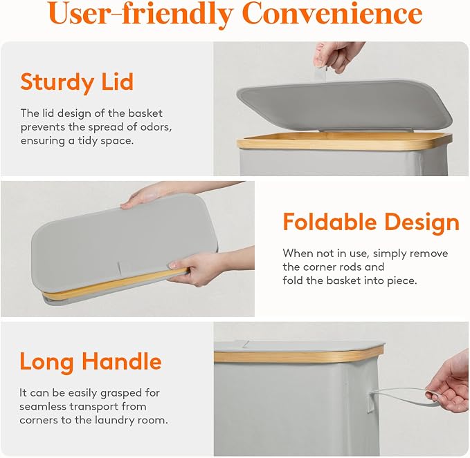 Lifewit 65L Slim Laundry Hamper with Lid, Narrow Laundry Basket with Removable Bag & Bamboo Handles, Fodable Thin Dirty Clothes Hamper for Laundry Collapsible Bin for Bathroom Bedroom Dorm,Silver Grey - Image 5