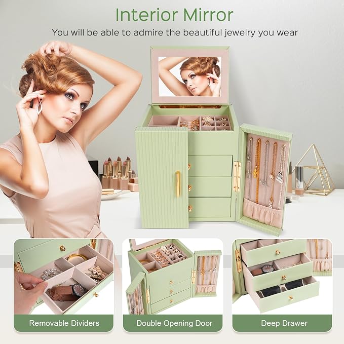 Dajasan Large Jewelry Box Organizer, Jewelry Storage Organizer with 3 Drawers, Huge Jewelry Box with Mirror for Women Girls, Double Door, Textured PU Leather, Gift Idea, Stylish (Green + Gold) - Image 5
